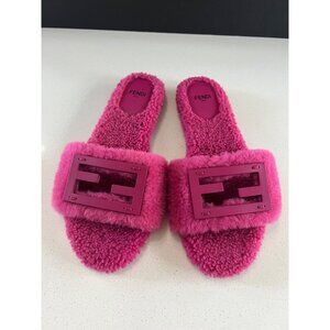 FENDI pink Shearling FF Baguette Slide Sandals shoes size 36.5 NWOB